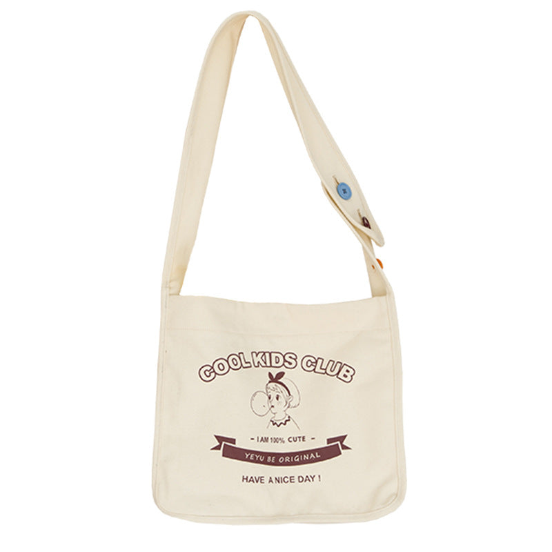 Color: Creamy white - Blowing Bubble Girl Canvas Wide Shoulder Strap Color Button Shoulder Diagonal Bag