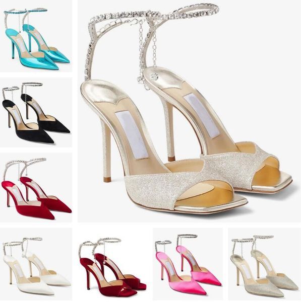 Color: C9 - Size: EU36 - Adult: yes - 2025 Summer Luxury Brand Saeda Sandals Shoes with Crystal Chain Stiletto Heels Red White Golden Wedding Dress Pumps Lady Elegant Gladiator Sandalias