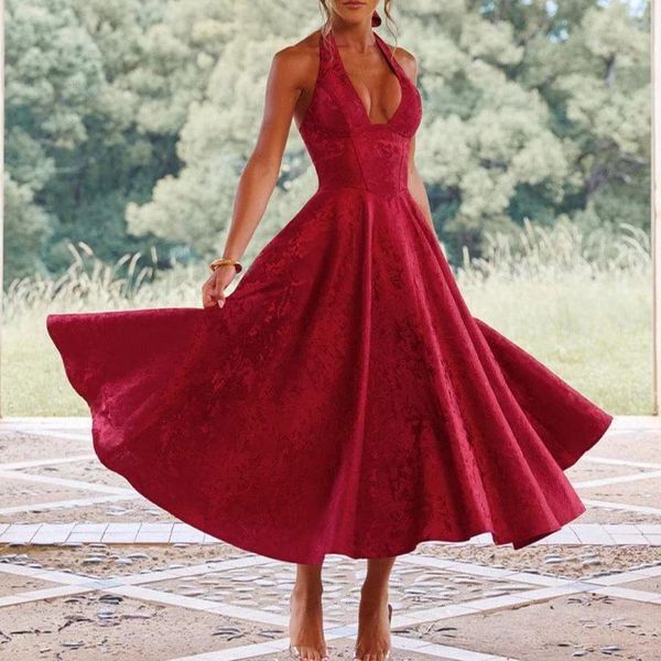 Color: Promotional items - Size: 3XL - Women Summer French Floral Sundress Bridesmaid Gown Tie Waist Vacation Dresses Smocked Waist Deep V-Neck Halter Neck Party