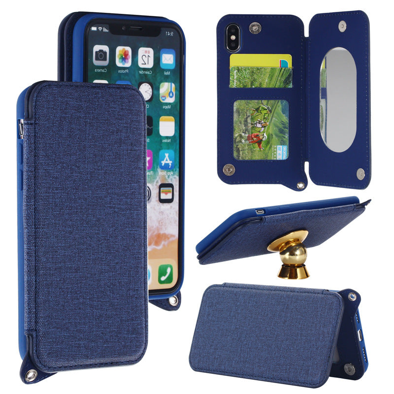 Color: Blue, Model: iPhone6 6s - Double buckle flip card makeup mirror mobile phone holster