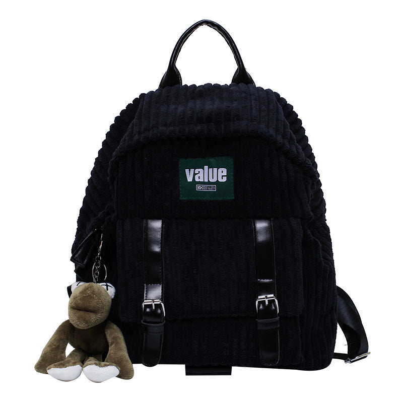 Color: Black, Bag style: No pendant - 2019 New Autumn And Winter Campus Wild College Style Student Schoolbag Corduroy Small Backpack Tide