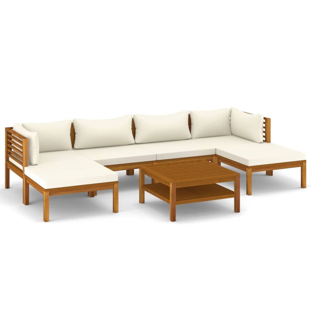7 Piece Patio Lounge Set with Cream Cushion Solid Acacia Wood