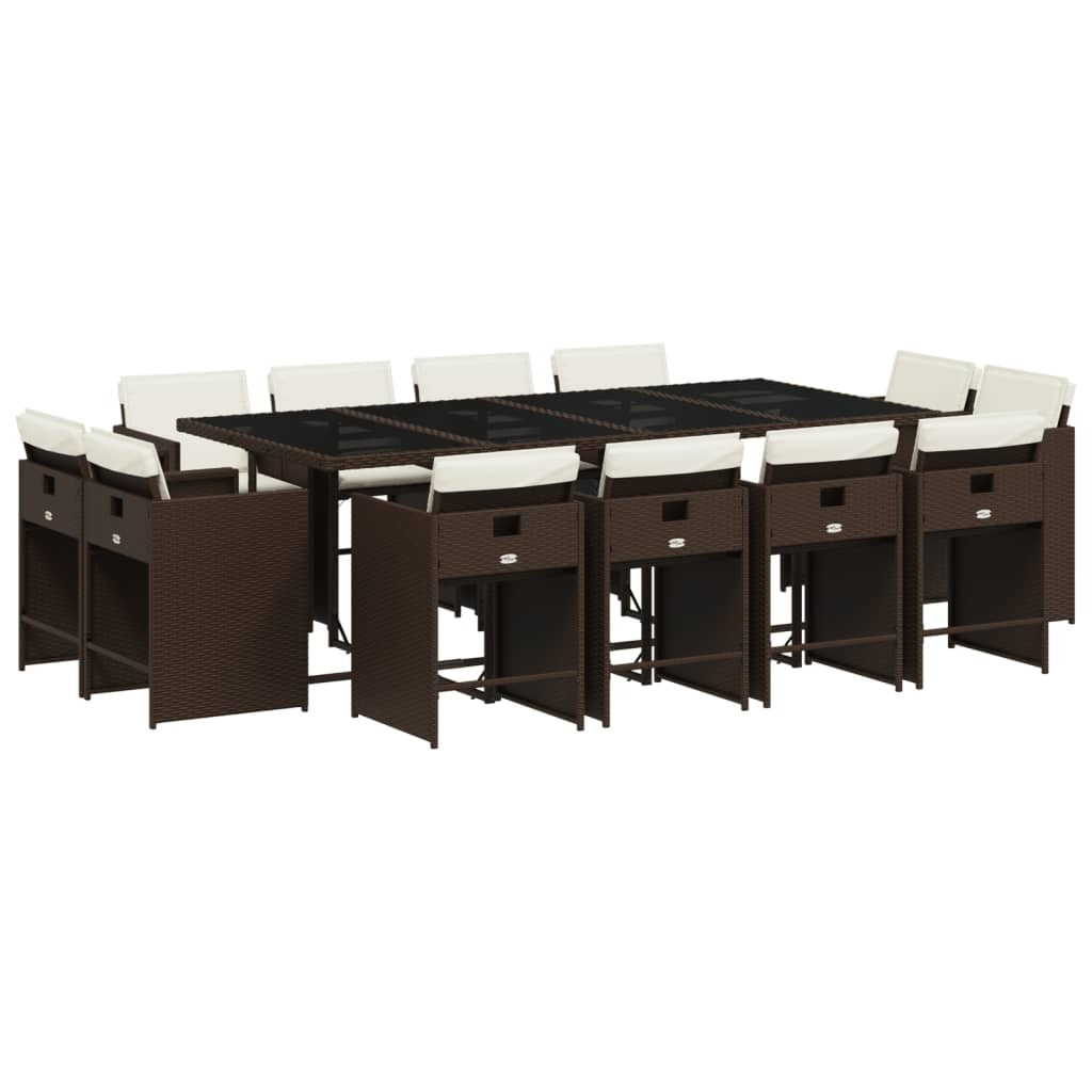 13 Piece Patio Dining Set with Cushions Brown Poly Rattan