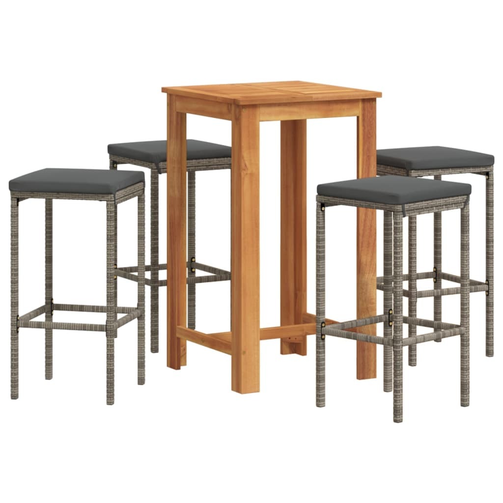 5 Piece Patio Bar Set Gray Solid Wood Acacia and Poly Rattan