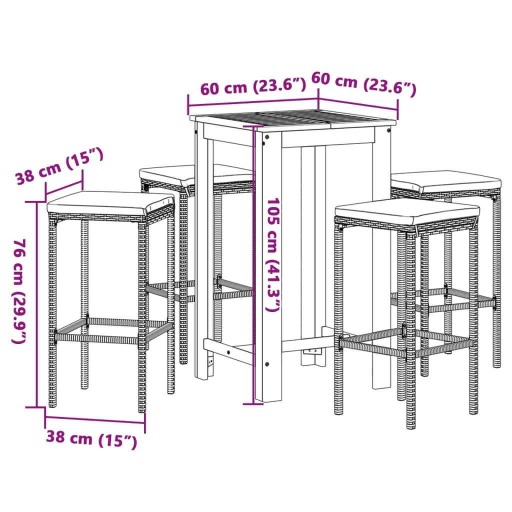 5 Piece Patio Bar Set Gray Solid Wood Acacia and Poly Rattan