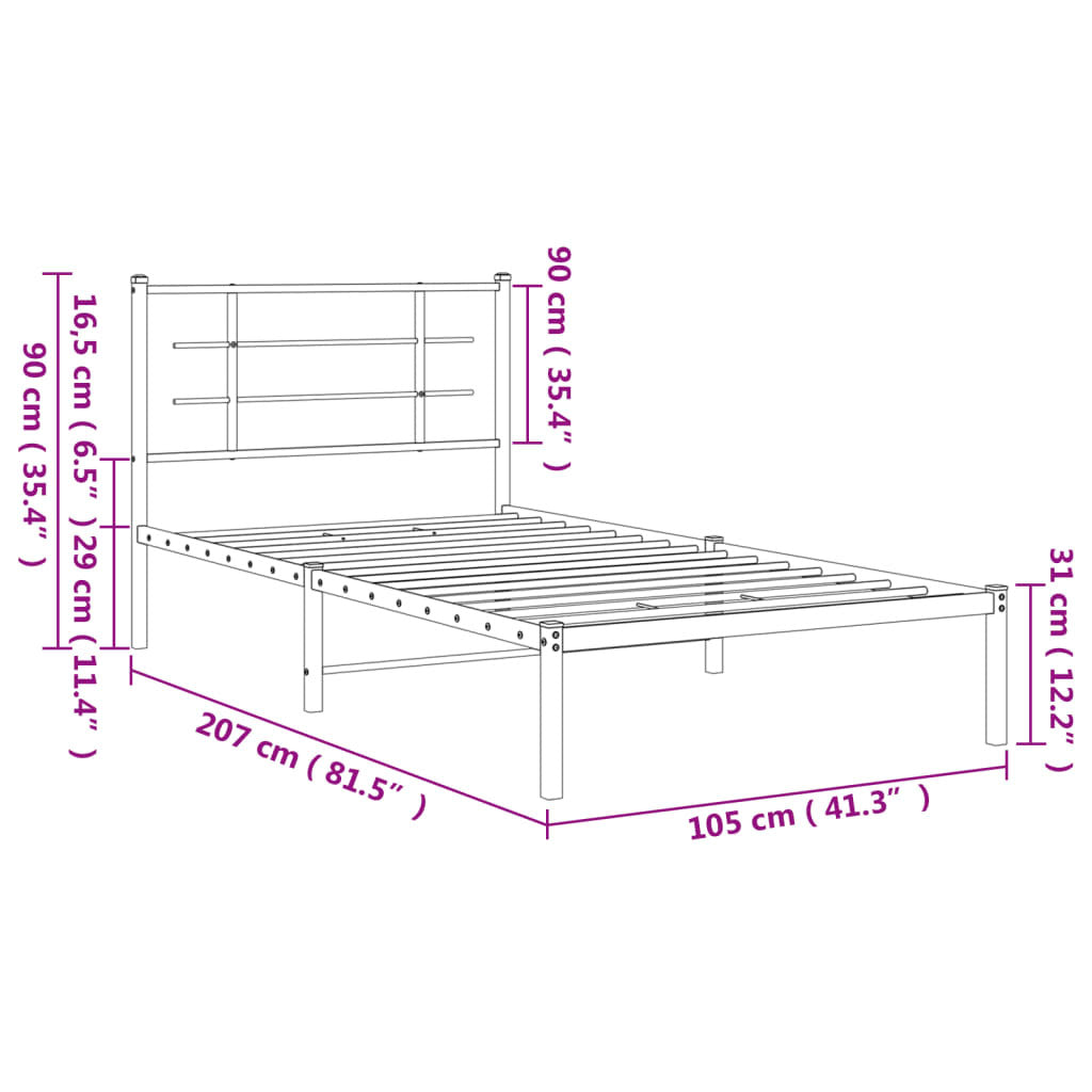 Metal Bed Frame without Mattress with Headboard White 39.4"x78.7