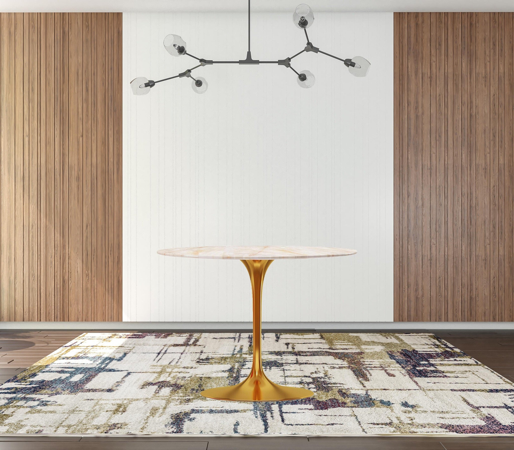 40" White And Gold Rounded Stone And Metal Pedestal Base Dining Table