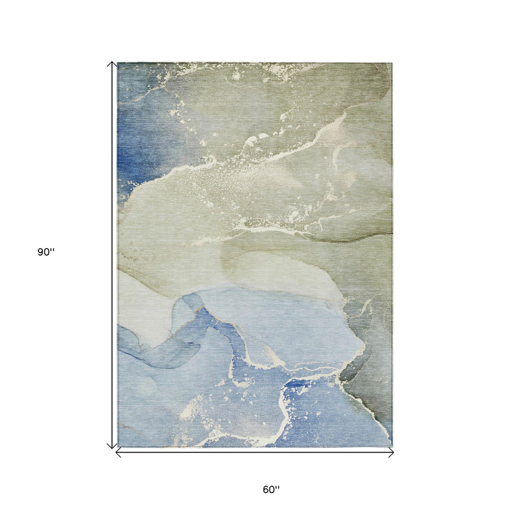 5' X 8' Blue and Green Abstract Washable Indoor Outdoor Area Rug