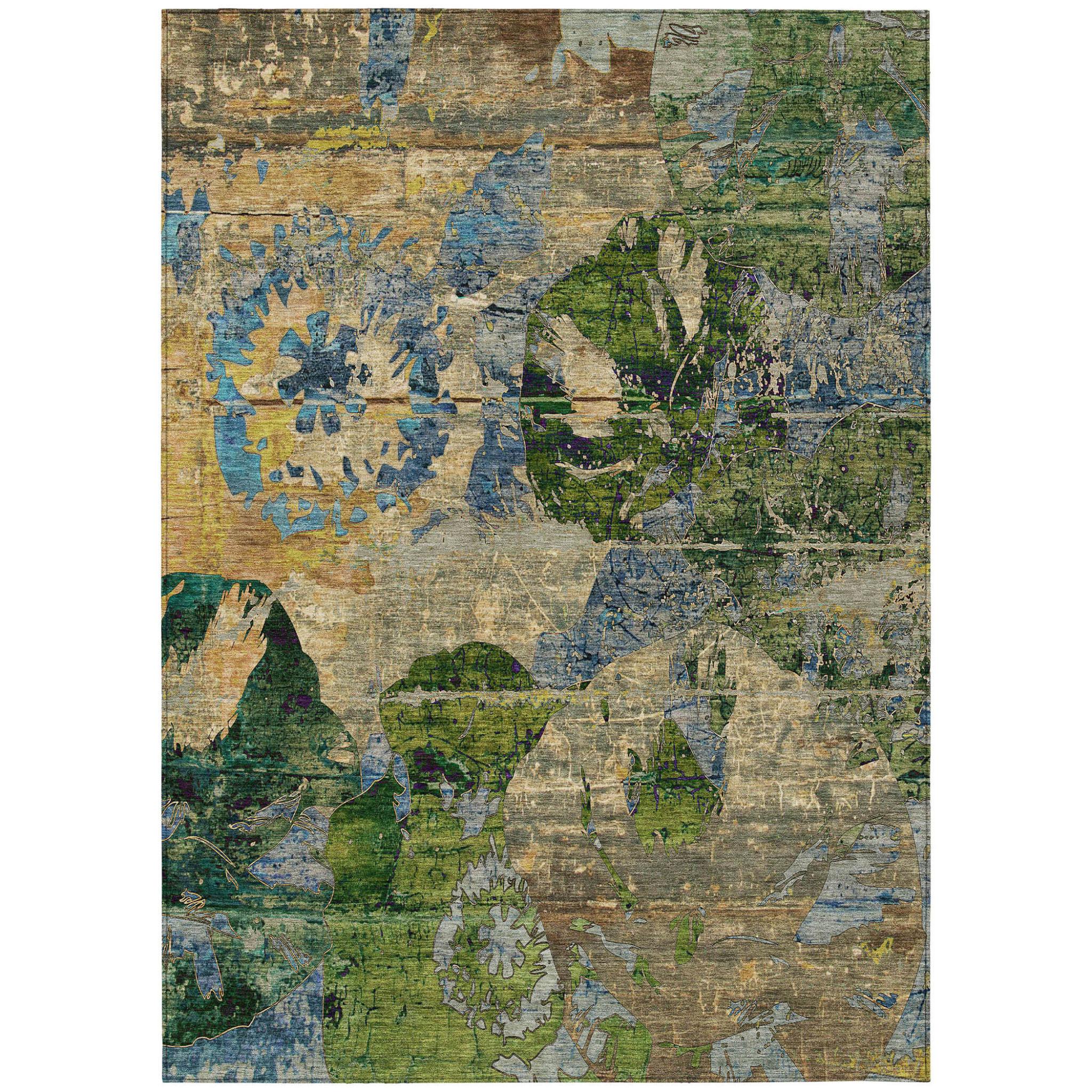 10' X 14' Taupe Blue and Green Floral Washable Non Skid Indoor Outdoor Area Rug