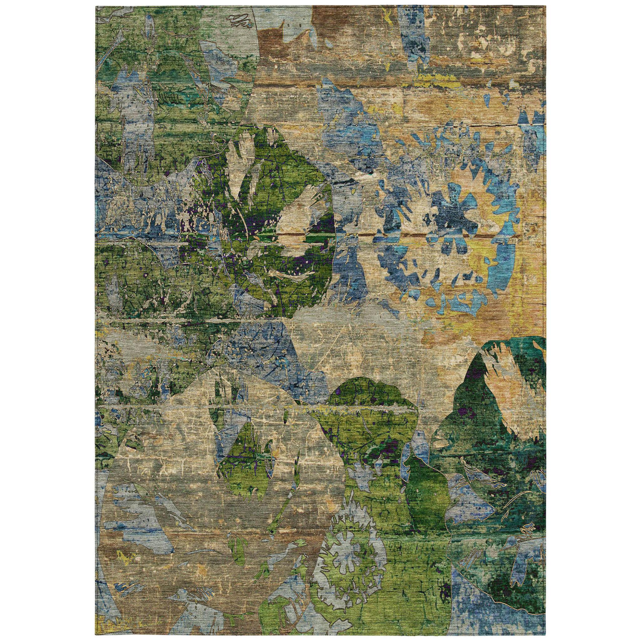 10' X 14' Taupe Blue and Green Floral Washable Non Skid Indoor Outdoor Area Rug