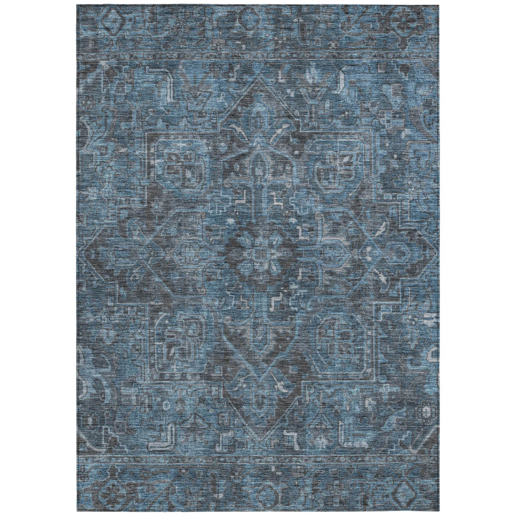 5' X 8' Navy and Black Oriental Washable Non Skid Indoor Outdoor Area Rug
