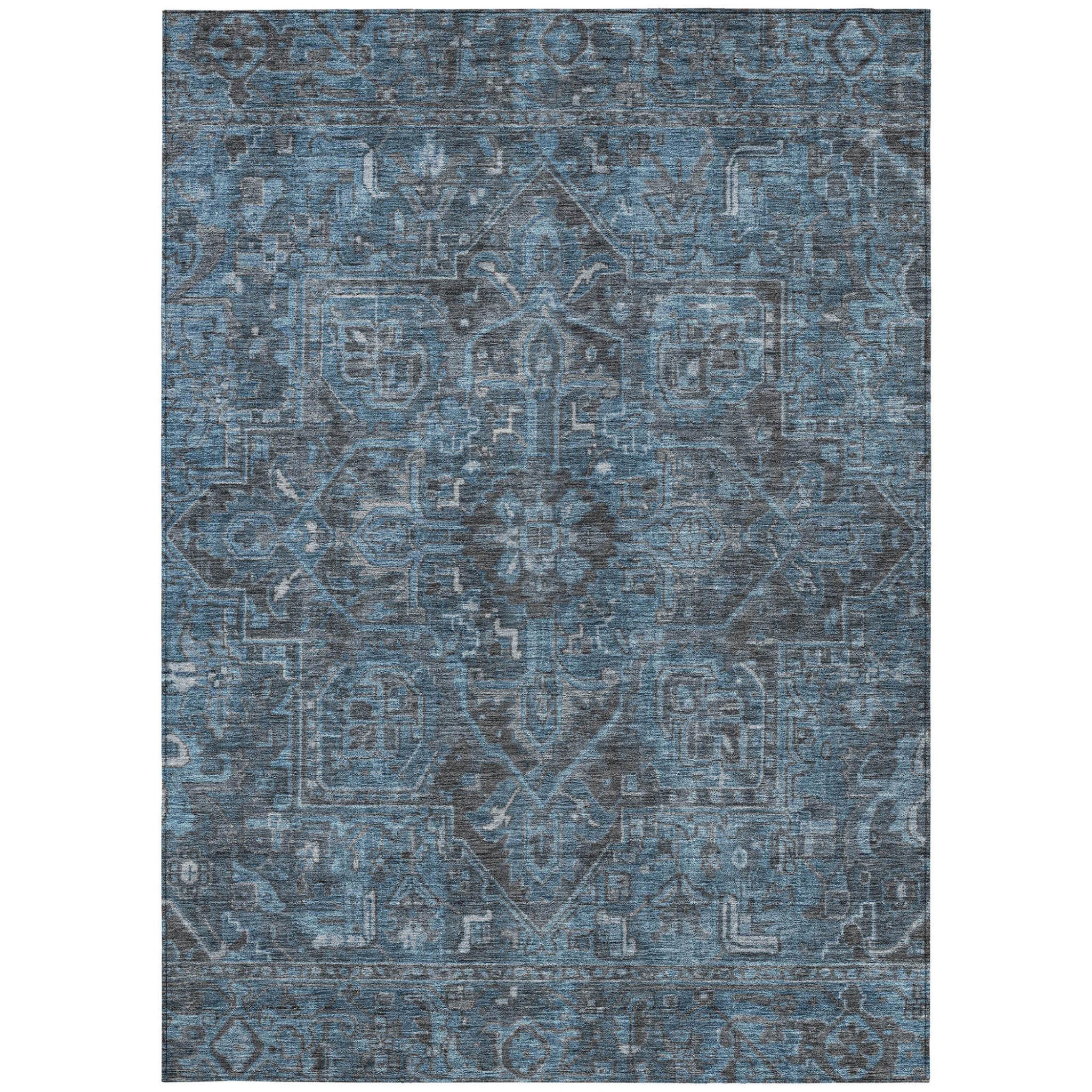 5' X 8' Navy and Black Oriental Washable Non Skid Indoor Outdoor Area Rug