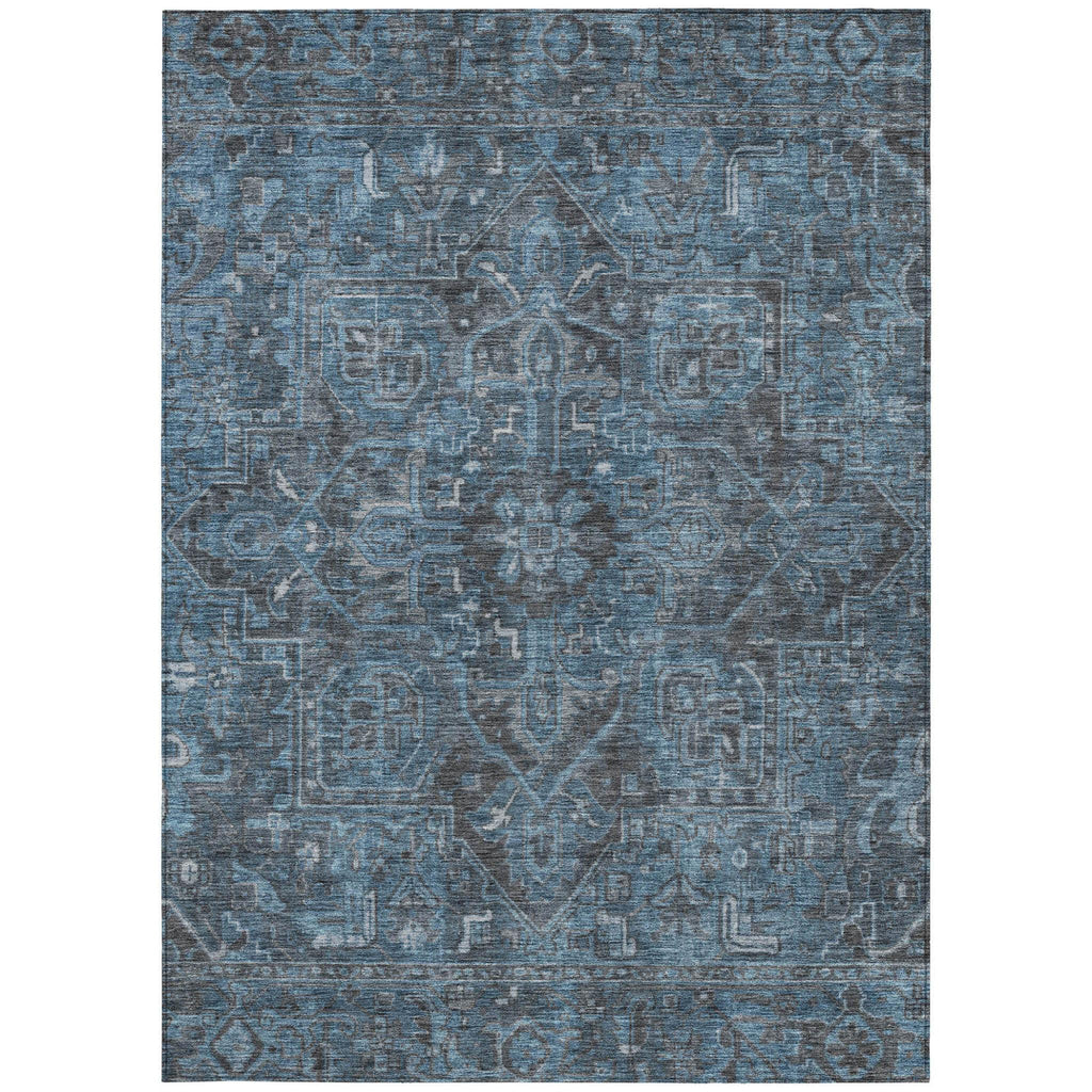 5' X 8' Navy and Black Oriental Washable Non Skid Indoor Outdoor Area Rug
