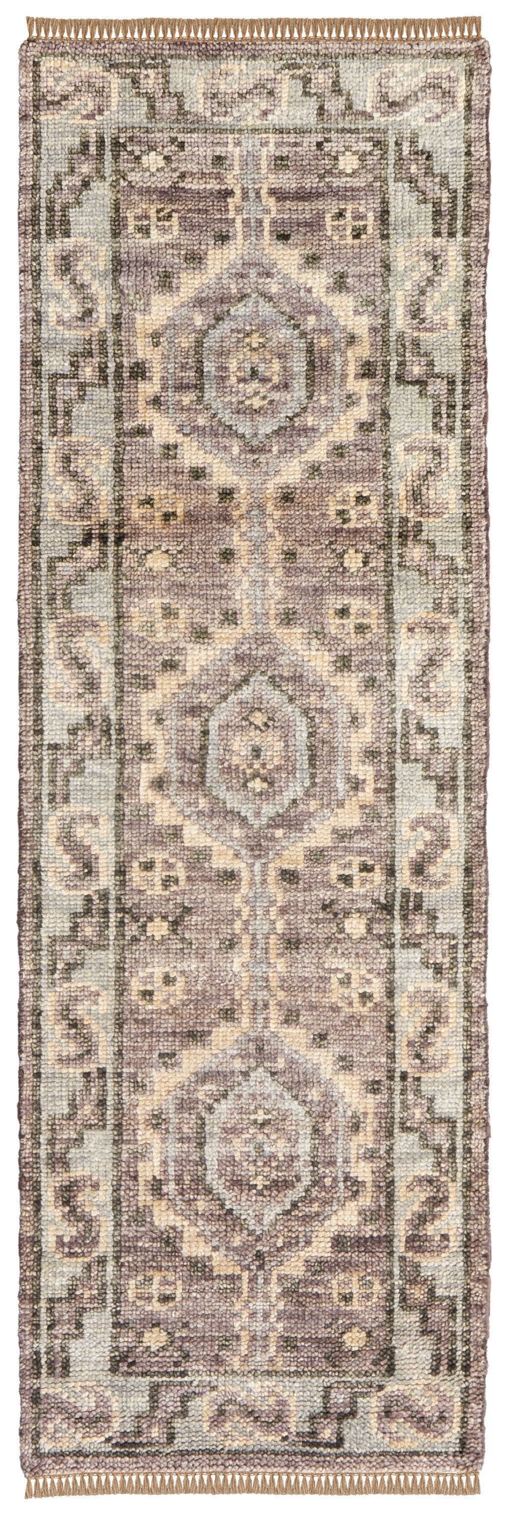 8' Ivory Gray and Brown Wool Geometric Hand Knotted Runner Rug With Fringe