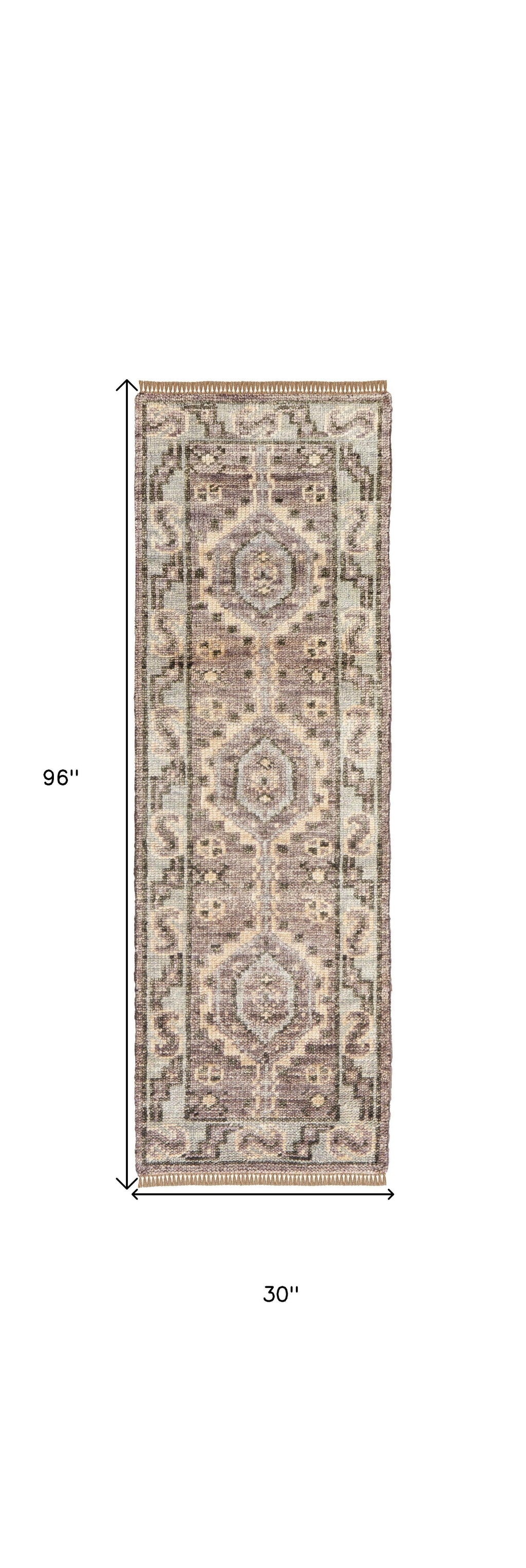 8' Ivory Gray and Brown Wool Geometric Hand Knotted Runner Rug With Fringe