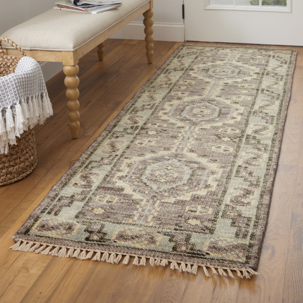 8' Ivory Gray and Brown Wool Geometric Hand Knotted Runner Rug With Fringe