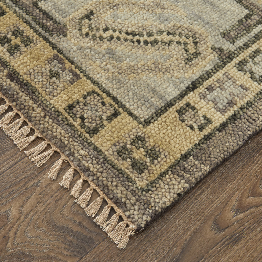 8' Ivory Gray and Brown Wool Geometric Hand Knotted Runner Rug With Fringe