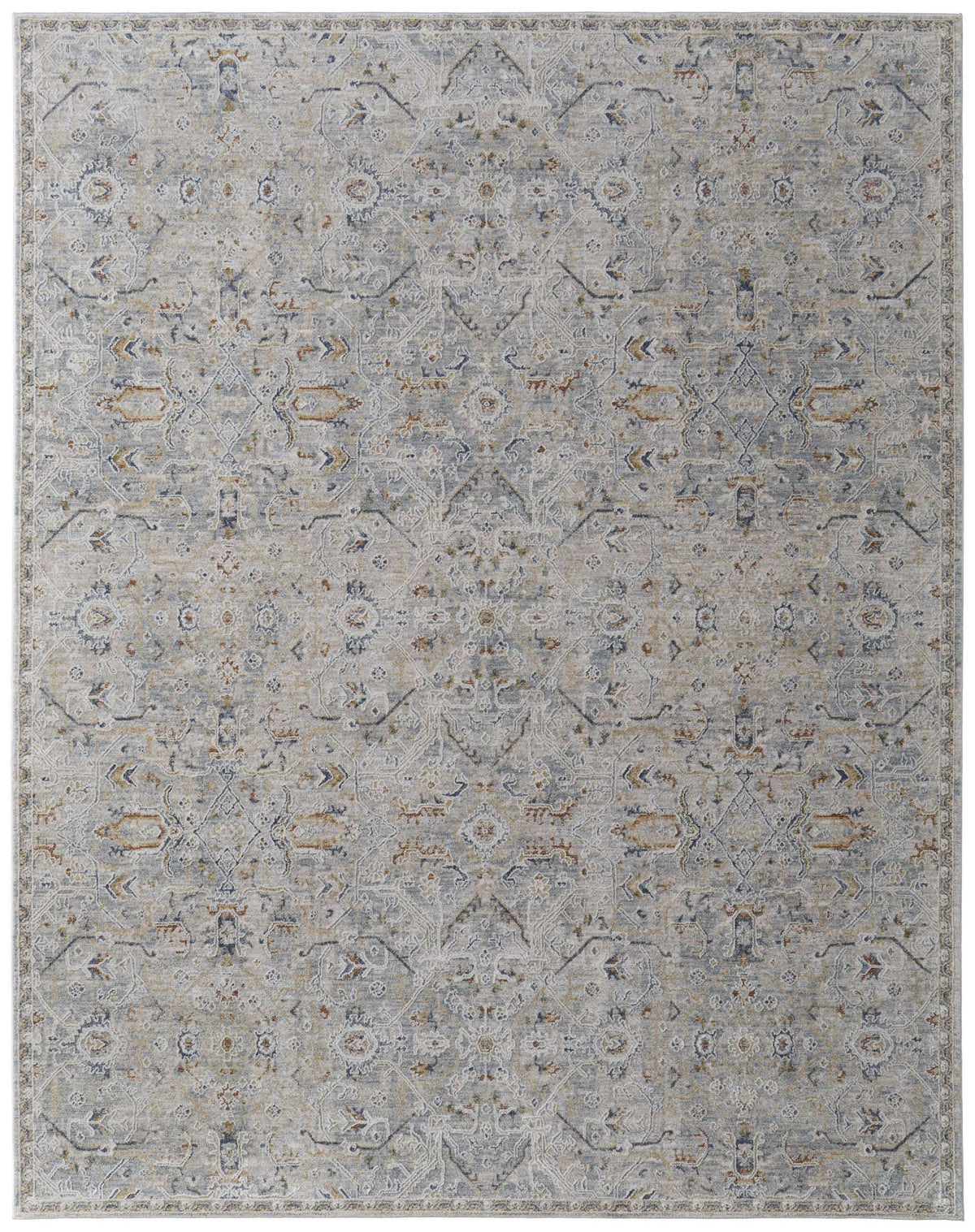 8' X 10' Ivory Tan and Blue Abstract Power Loom Worn Faded Area Rug With Fringe