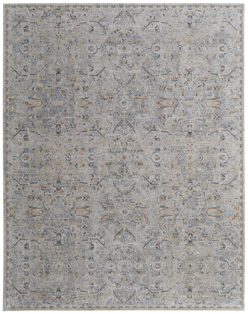 8' X 10' Ivory Tan and Blue Abstract Power Loom Worn Faded Area Rug With Fringe