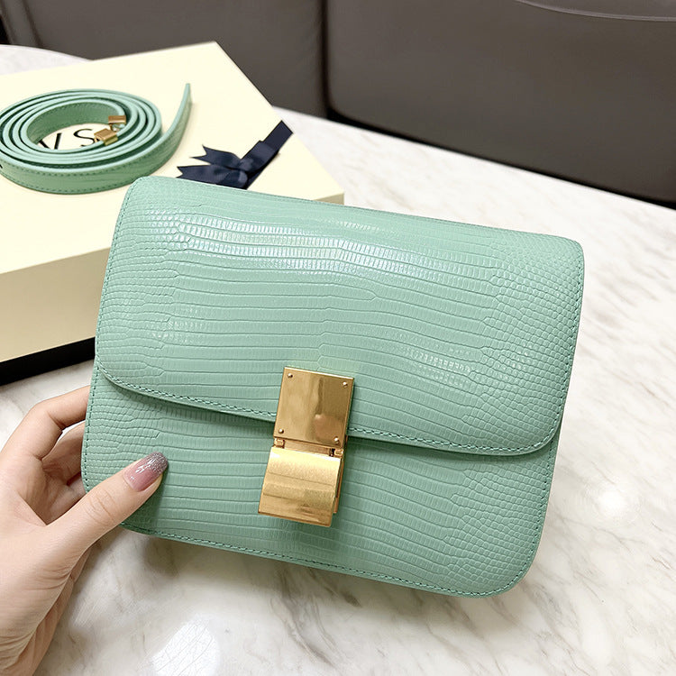 Color: Small Size Mint Green - Square Bag Women's Messenger Lizard Pattern Cowhide Box