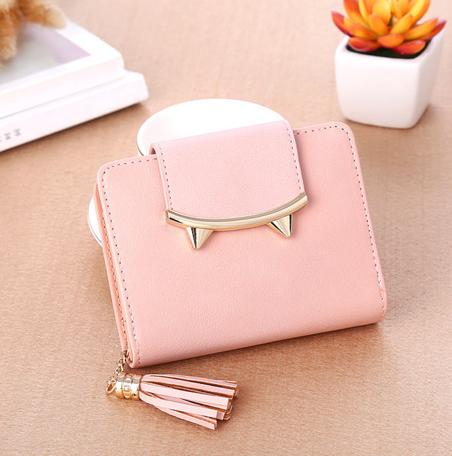 Color: A Pink - Cute Cat Ears Leather Short Tassel Women Wallet Small Day Clutch Trifold Female Purse ID Coin Card Holder Mini Bag