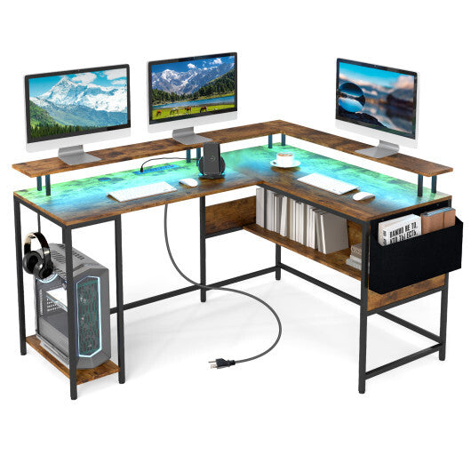 L-Shaped Gaming Desk with LED Lights and Power Outlets Home Office Computer Desk-Rustic Brown - Color: Rustic Brown
