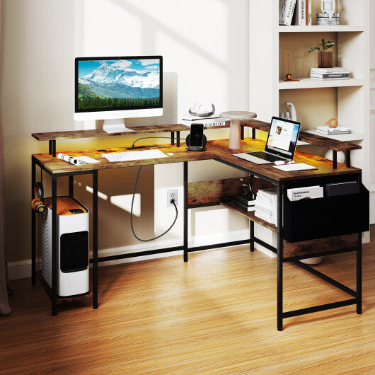 L-Shaped Gaming Desk with LED Lights and Power Outlets Home Office Computer Desk-Rustic Brown - Color: Rustic Brown