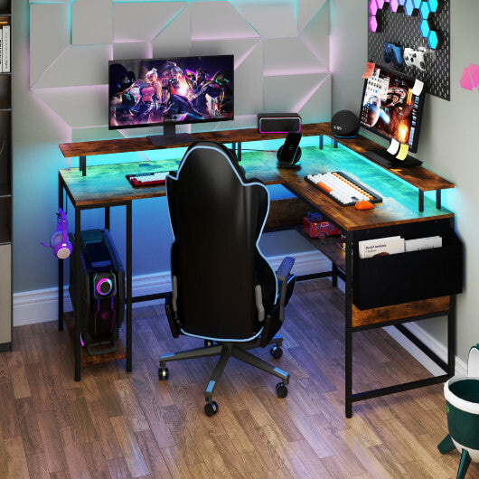 L-Shaped Gaming Desk with LED Lights and Power Outlets Home Office Computer Desk-Rustic Brown - Color: Rustic Brown