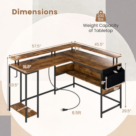 L-Shaped Gaming Desk with LED Lights and Power Outlets Home Office Computer Desk-Rustic Brown - Color: Rustic Brown