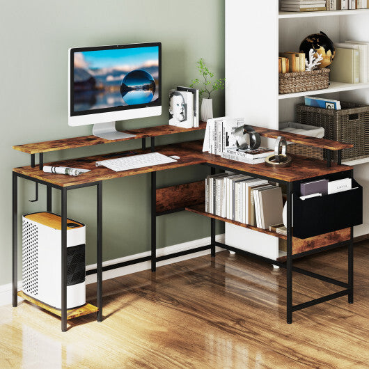 L-Shaped Gaming Desk with LED Lights and Power Outlets Home Office Computer Desk-Rustic Brown - Color: Rustic Brown