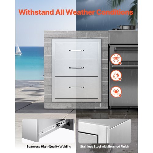Outdoor Kitchen Drawers 18.11"W x 23.23"D x 23.23"H, Triple-Access Stainless Steel BBQ Drawers with Handles, BBQ Island Drawer for Outdoor Kitchens or Barbeque Island Patio Grill Station