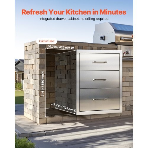 Outdoor Kitchen Drawers 18.11"W x 23.23"D x 23.23"H, Triple-Access Stainless Steel BBQ Drawers with Handles, BBQ Island Drawer for Outdoor Kitchens or Barbeque Island Patio Grill Station