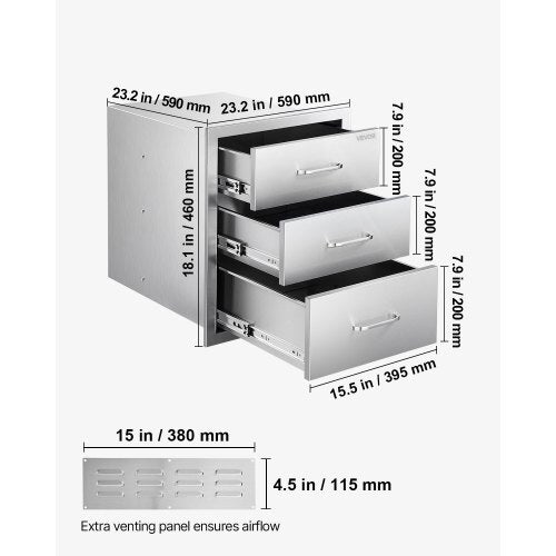 Outdoor Kitchen Drawers 18.11"W x 23.23"D x 23.23"H, Triple-Access Stainless Steel BBQ Drawers with Handles, BBQ Island Drawer for Outdoor Kitchens or Barbeque Island Patio Grill Station