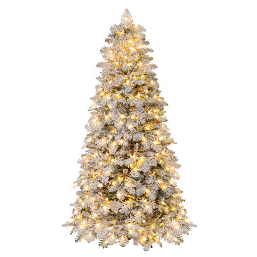 6/7 Feet Artificial Snow-flocked Christmas Tree Pre-lit Hinged Xmas Tree with 130 Twinkle Balls-7 Feet - Color: Green - Size: 7 ft