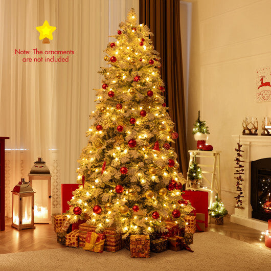 6/7 Feet Artificial Snow-flocked Christmas Tree Pre-lit Hinged Xmas Tree with 130 Twinkle Balls-7 Feet - Color: Green - Size: 7 ft