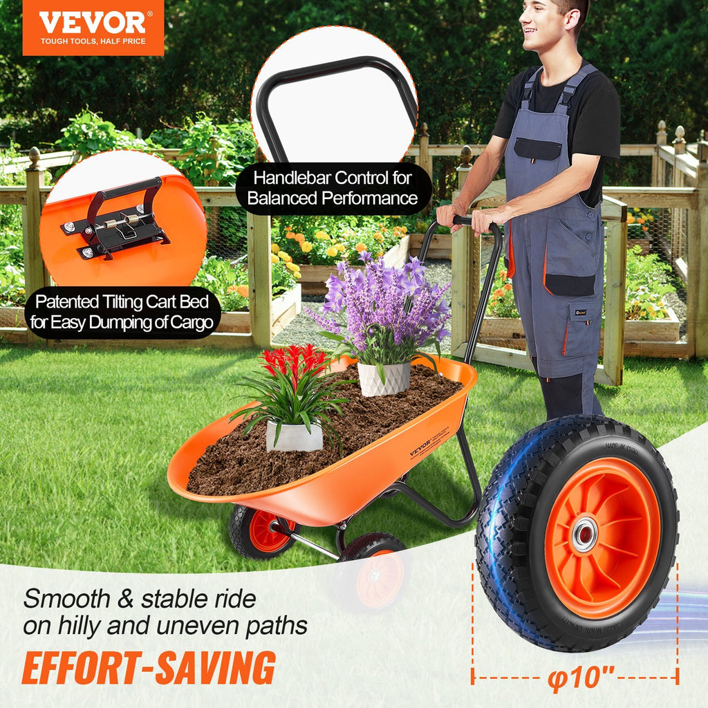 Wheelbarrow Cart, 5 Cu. Ft. Load & 397 lbs Capacity, 2 Wheels Garden Dump Cart, Garden Wagon with Handle &  10"  Wide Track Wheels, Easy Loading Utility Yard Cart & Wagons for Outdoor Lawn Yard