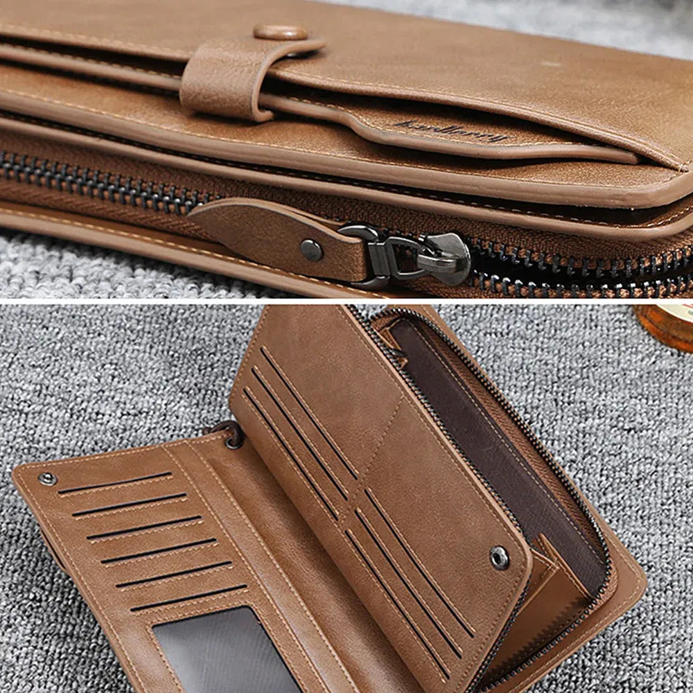 Color: Beige - 2024 Baellerry Men Long Fashion Wallets Desigh Zipper Card Holder Leather Purse Solid Coin Pocket High Quality Male Purse