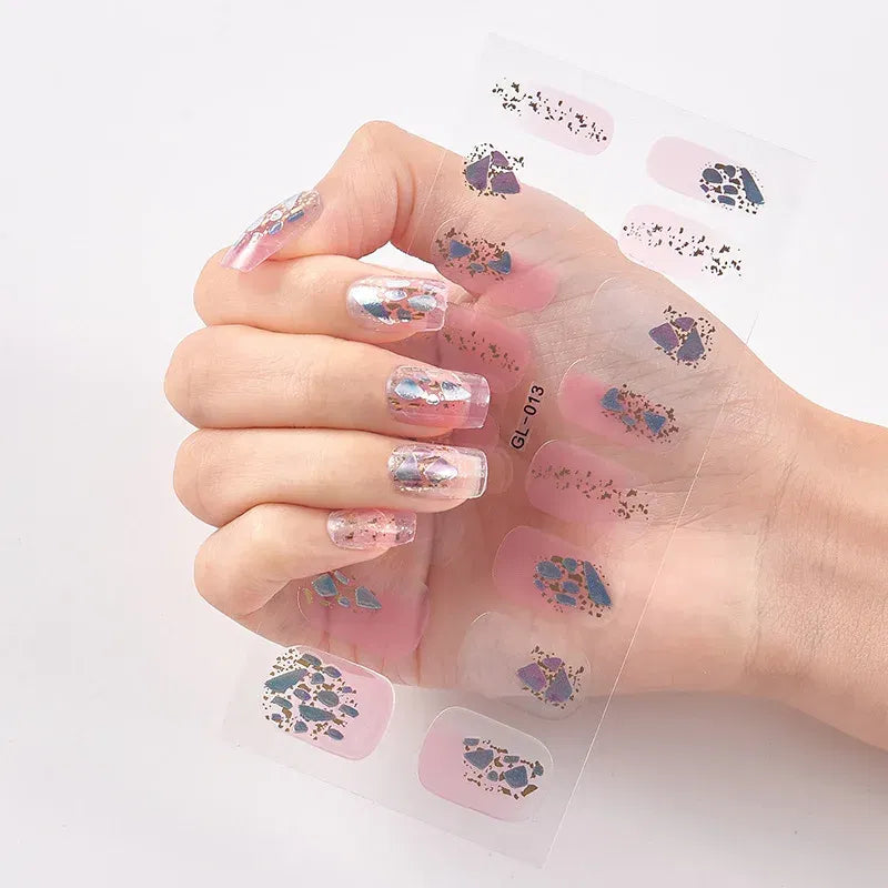 Color: Pink - 16 Tips/Sheet Patterned Nails With Creative Nail Polish Nail Art Stickers 2020 Temporary Tattoos Kids Full Cover Nail Stickers