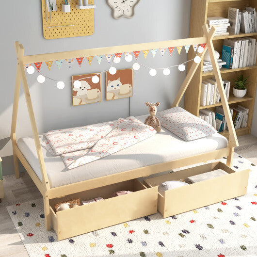 Twin Size Wooden Tent Platform House Bed with 2 Drawers-Gray