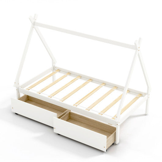 Twin Size Wooden Tent Platform House Bed with 2 Drawers-Gray