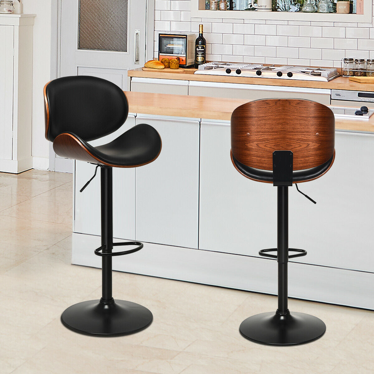 Set of 2 Adjustable Swivel PU Leather Bar Stools with Curved Footrest - Color: Brown