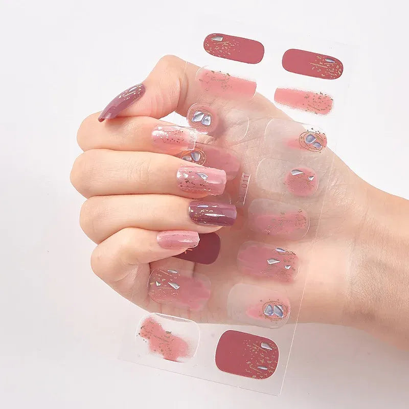 Color: Pink - 16 Tips/Sheet Patterned Nails With Creative Nail Polish Nail Art Stickers 2020 Temporary Tattoos Kids Full Cover Nail Stickers