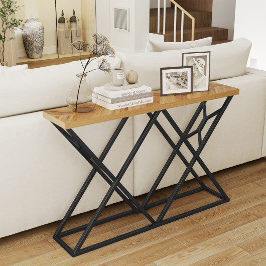 55 Inch Console Table with Solid Metal Frame and Storage-Wood - Color: Wood