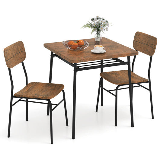 3 Piece Dining Table Set for 2 Wood Square Table with Metal Frame-Brown - Color: Brown