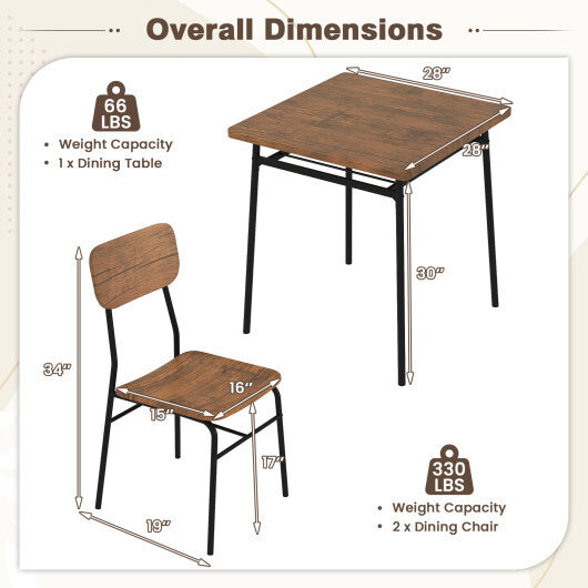 3 Piece Dining Table Set for 2 Wood Square Table with Metal Frame-Brown - Color: Brown