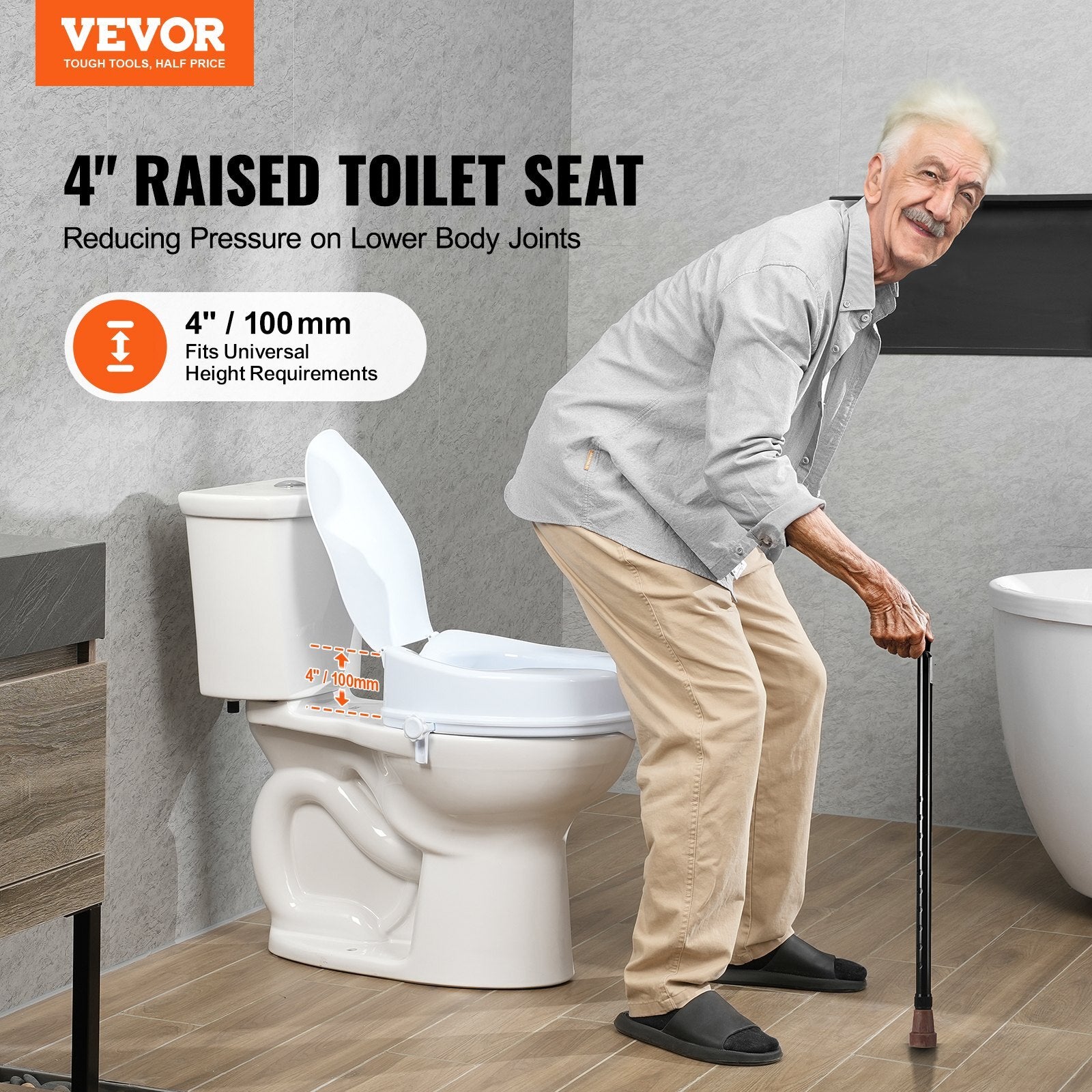 Raised Toilet Seat, 4" Height Raised, 300 lbs Weight Capacity, Universal Toilet Seat Riser, Screw Rod Locking, with Toilet Seat, for Elderly, Handicap, Patient, Pregnant, Medical