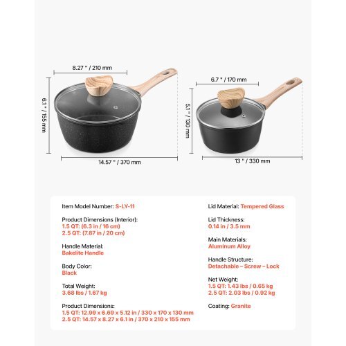 Saucepan Set, 1.5 QT & 2.5 QT Nonstick Saucepan with Glass Lids, Multipurpose Cooking Sauce Pots with Detachable Handles, Sauce Pan Kitchen Cooking Pot with Coating, Induction Compatible, Black
