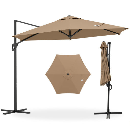 9 FT Cantilever Patio Umbrella with Vented Top and Sun-Protective Canopy-Brown - Color: Brown