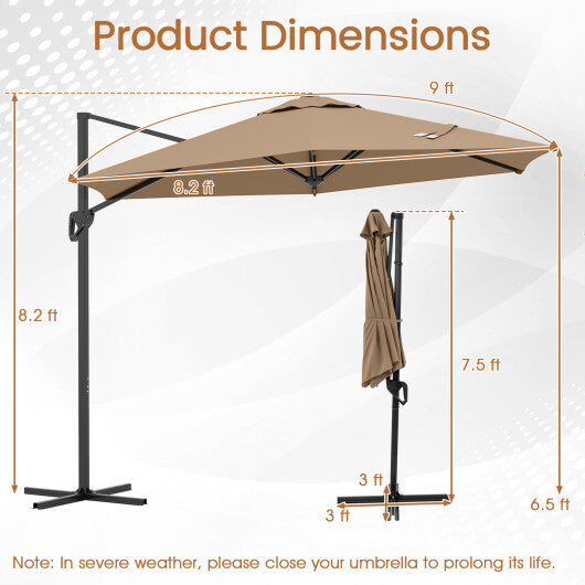 9 FT Cantilever Patio Umbrella with Vented Top and Sun-Protective Canopy-Brown - Color: Brown
