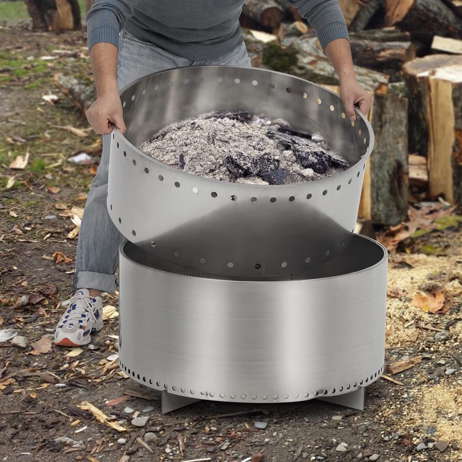 US PIONEERWORKS 27 Inch Smokeless Fire Pit for Outdoor Wood Burning Portable Stainless Steel Camping Stove With Stand